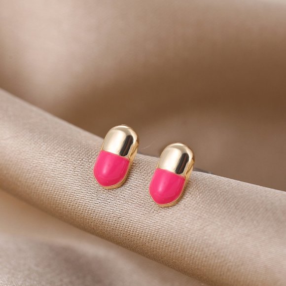 chichigems Jewelry - Barbie Pink & Gold Chill Pill Medicine Small Stud Earrings NEW